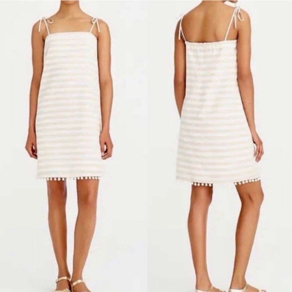 J. Crew Linen Cotton Blend Striped Mini Dress With Pom Pom Bottom Women’s XS